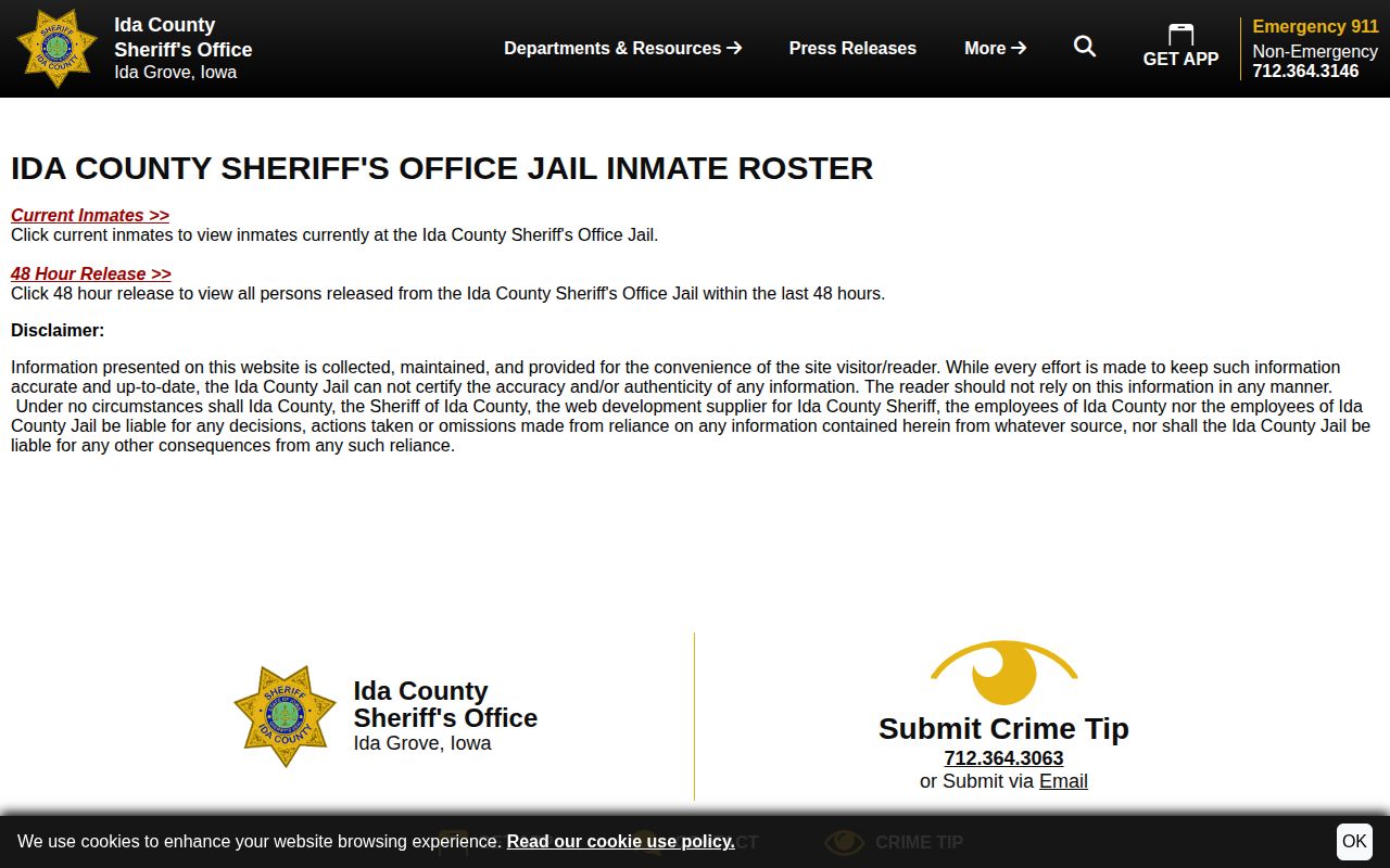 Ida County arrest roster accuracy disclaimer