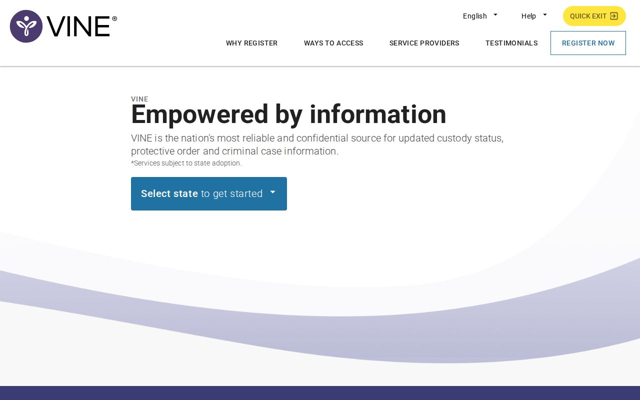 Official VINELink custody alert registration page with no personal data shown