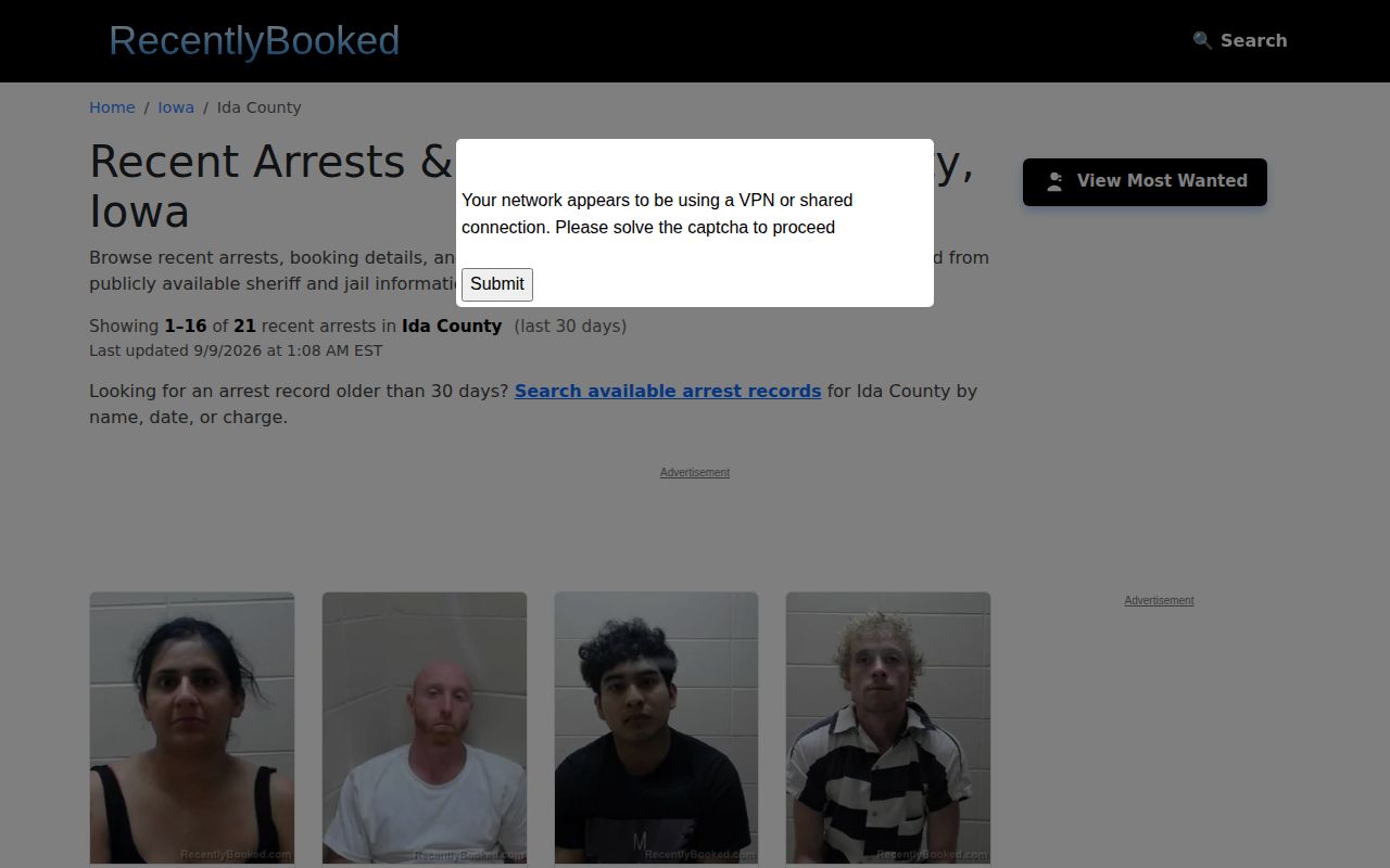 Unofficial RecentlyBooked Ida County page captured for source comparison